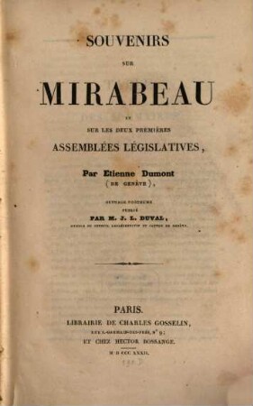 Souvenirs sur Mirabeau et sur les deux premieres Assemblées legislatives