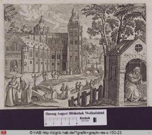 Die Heilige Maria von Oignies, im Hintergrund Spaziergänger und ein mächtiger Kirchenbau.