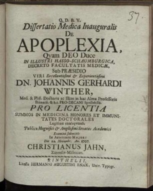 Dissertatio Medica Inauguralis De Apoplexia