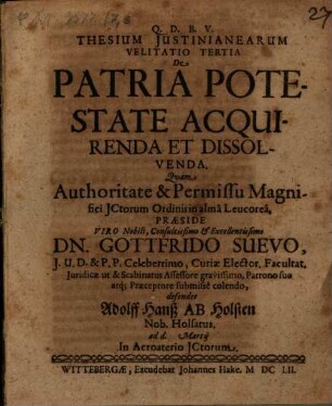 Thesium iustineanearum velitatio tertia de patria potestate acquirenda et dissolvenda