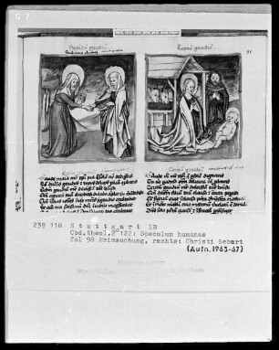 Zwei Schriften — Speculum humanae salvationis — Textseite mit zwei Miniaturen, Folio 98recto