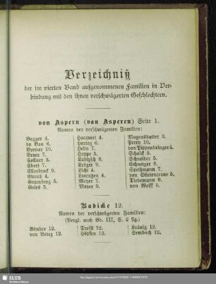 Verzeichniß der im vierten Band aufgenommenen Familien in Verbindung mit den ihnen verschwägerten Geschlechtern