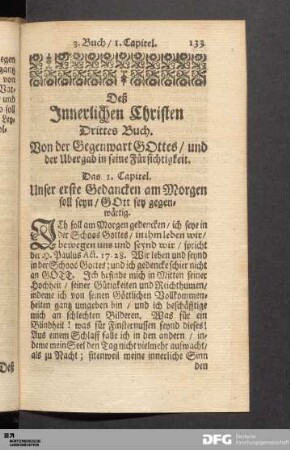 Deß Innerlichen Christen Drittes Buch. Von der Gegenwart GOttes / und der Ubergab in seine Fürsichtigkeit.