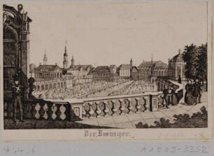 Der Zwinger in Dresden, Blick von der Balustrade südlich des Wallpavillons über den Zwingerhof auf die Altstadt mit Schloss und Sophienkirche