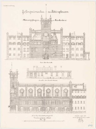 Gefängnis, Lüttringhausen: Männergefängnis: Aufriss Nordostansicht, Nordwestansicht 1:100. Krankenhaus: Aufriss 1:100