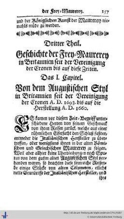 Dritter Theil. Geschichte der Frey-Maurerey in Britannien seit der Vereinigung der Cronen bis auf diese Zeiten.