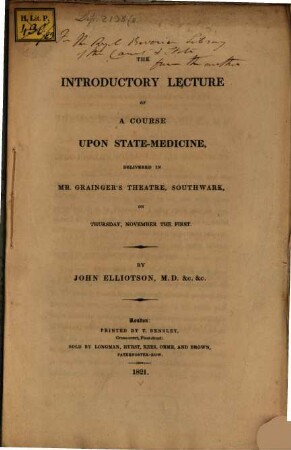 The introductory Lecture of a course upon State-medicine