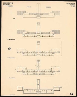 Siedlungsplan mit Schulhausgruppe Schinkelwettbewerb 1931: Volks-Schulen Grundrisse Dachgeschoss, 2.Obergeschoss, 1.Obergeschoss, Erdgeschoss, Fundament 1:500