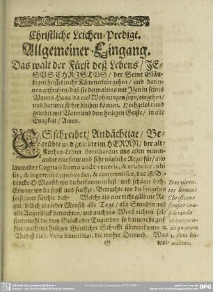 Leichenpredigt : Christliche Leich-Predigt. Allgemeiner Eingang. Textus. Erklärung.