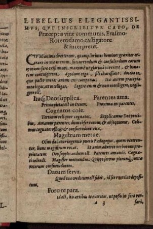 Libellus Elegantissimus; Qui Inscribitur Cato, De Praeceptis vitae communis ...