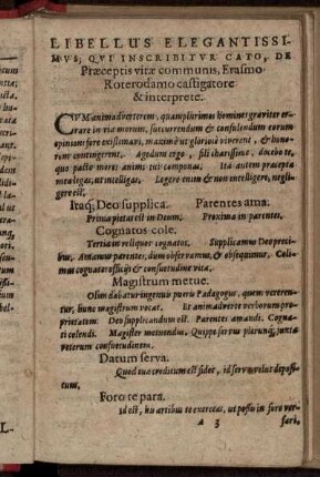 Libellus Elegantissimus; Qui Inscribitur Cato, De Praeceptis vitae communis ...