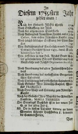 In Diesem 1759sten Jahr zehlet man:[...]