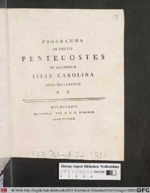 Programma In Festo Pentecostes In Academia Ivlia Carolina Anno MDCCLXXXIII. P. P