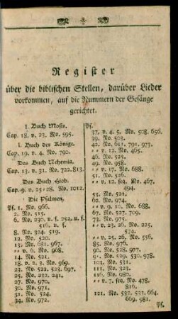 Register über die biblischen Stellen, darüber Lieder vorkommen, auf die Nummern der Gesänge gerichtet