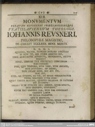 XLII. Monumentum perquam Reverendi Praeclarissimique Vratislaviensium Theologi, Iohannis Reusneri, Philosophiae Magistri, de Christi Ecclesia bene meriti