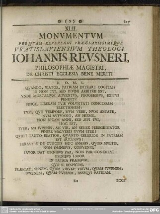 XLII. Monumentum perquam Reverendi Praeclarissimique Vratislaviensium Theologi, Iohannis Reusneri, Philosophiae Magistri, de Christi Ecclesia bene meriti