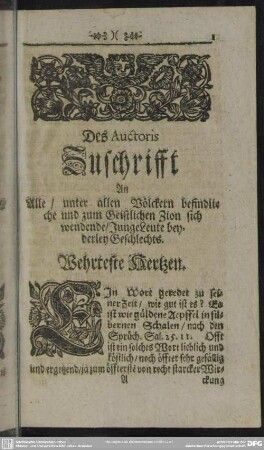 Des Auctoris Zuschrifft An Alle, unter allen Völckern befindliche und zum Geistlicen Zion sich wendende, Junge Leute beyderley Geschlechts