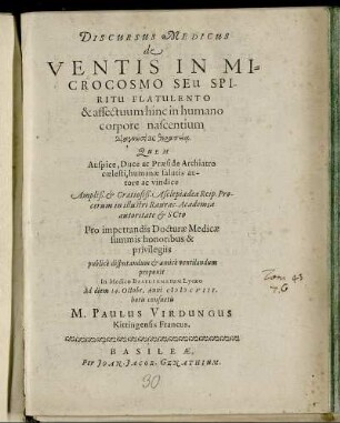 Discursus Medicus de Ventis In Microcosmo Seu Spiritu Flatulento & affectuum hinc in humano corpore nascentium Diagnōs[ei] ac Therapeia