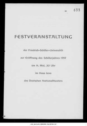 Festveranstaltung der Friedrich-Schiller-Universität zur Eröffnung des Schillerjahres 1959
