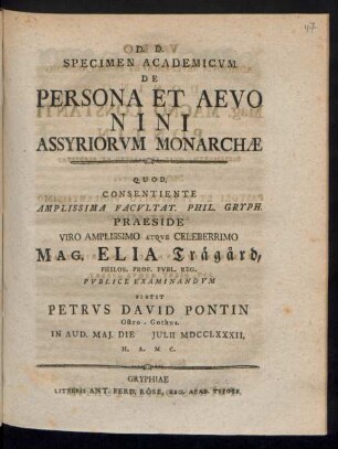 Specimen Academicvm De Persona Et Aevo Nini Assyriorum Monarchæ