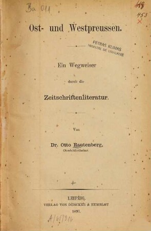 Ost- und Westpreussen : ein Wegweiser durch die Zeitschriftenliteratur