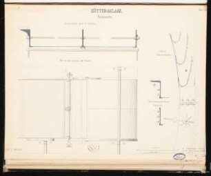 Hochofenanlage mit Verbindungsbahn Schinkelwettbewerb 1863: oberschlächtiges Wasserrad: Draufsicht und Horizontalschnitt 1:24; Details; 2 Maßstabsleisten