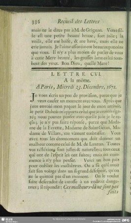 Lettre CVI. A la même. Aux Rochers, Mécredi 23. Décembre, 1671