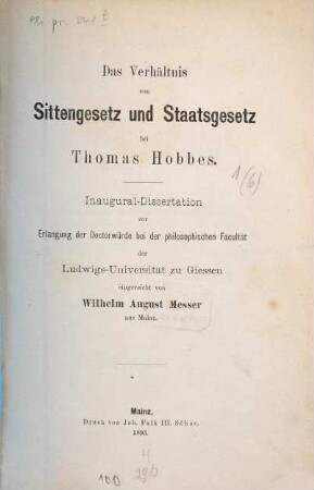 Das Verhältnis von Sittengesetz und Staatsgesetz bei Thomas Hobbes
