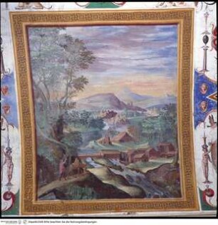 Stanza dell'Autunno: Groteskendekoration, Allegorie des Herbstes und Landschaften, Landschaft mit Flusslauf und Häusern bei Abenddämmerung