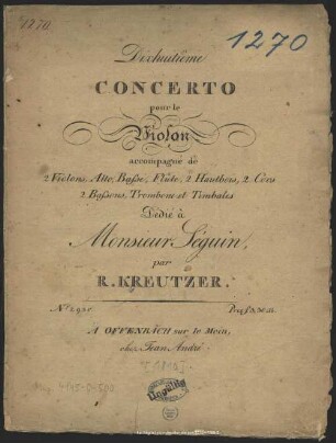 Dixhuitième Concerto pour le Violon accompagné de 2 Violons, Alto, Basse, Flûte, 2 Hautbois, 2 Cors, 2 Bassons, Trombone et Timbales