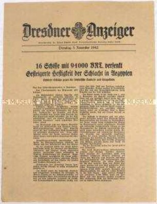 Nachrichtenblatt "Dresdner Anzeiger" mit Meldungen des Oberkommandos der Wehrmacht u.a. zum Kriegsgeschehen im Kaukasus und in Ägypten