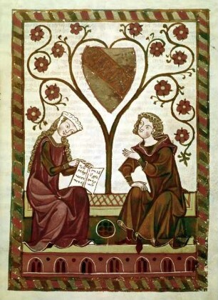 Manessische Liederhandschrift oder Große Heidelberger Liederhandschrift — Herr Alram von Gresten in Gesellschaft seiner Angebeteten, Folio 311recto