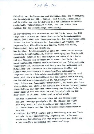 Planvorgaben zur Sicherstellung der Versorgung Ostberlins