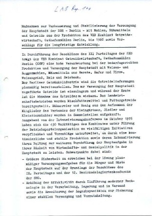 Planvorgaben zur Sicherstellung der Versorgung Ostberlins