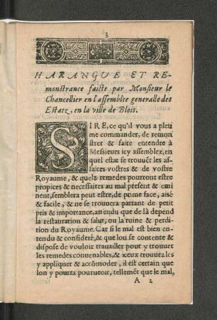 Harangue et remonstrance faicte par Monsieur le Chancellier en l'assemblee generalle des Estatz, en la ville de Blois.