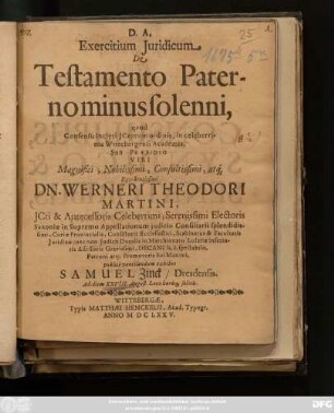 Exercitium Iuridicum De Testamento Paterno minus solenni