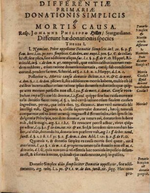 Exercitatio Iuridica, exhibens Ad §. 1. & 2. Inst. de Donation. Donationum. Simplicis Et Mortis Causa. Differentias Primarias