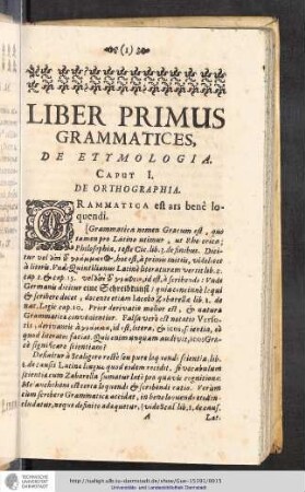 Liber Primus. Grammatices, de Etymologia