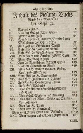 Inhalt des Gesang-Buchs Nach den Materien der Gesänge.