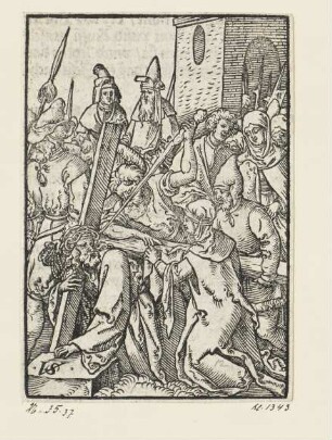 Kreuztragung, aus: "Passio unsers Herren Jhesu Christi", Nürnberg 1553, S. E8 verso