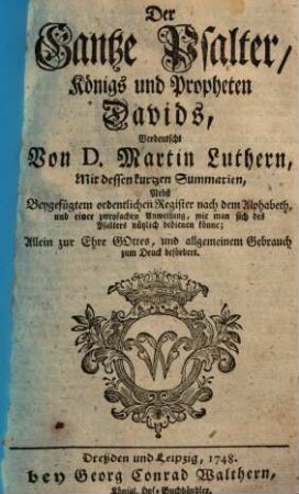 Der Gantze Psalter, Königs und Propheten Davids