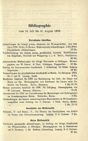 Bibliographie vom 16. Juli bis 31. August 1895.