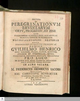 Diatriba De Peregrinationvm Ervditarvm Ortv, Progressv Et Fine