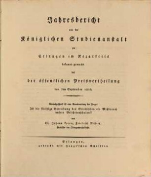 Jahresbericht über die Königliche Studienanstalt zu Erlangen : für das Studienjahr ..., 1826