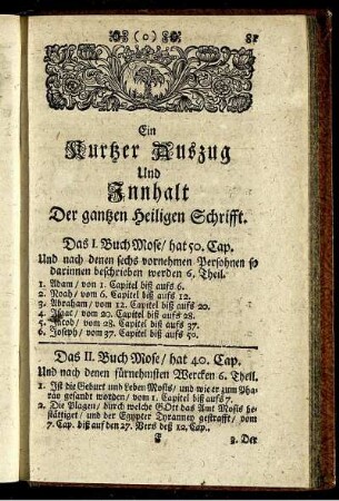 Ein kurtzer Auszug Und Innhalt Der gantzen Heiligen Schrifft.
