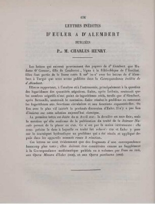 Lettres inédites d'Euler a d'Alembert.