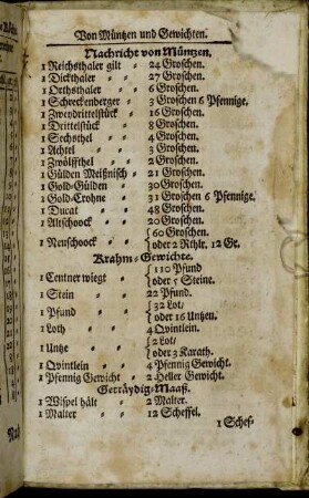 Von Müntzen und Gewichten. - Von allerhand Gemäsen.