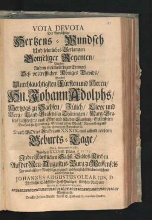 Vota Devota Der Andächtige Hertzens-Wundsch Und sehnliches Verlangen Gottseliger Regenten