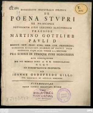 Dissertatio Inavgvralis Ivridica De Poena Stvpri Ex Principiis Potissimvm Ivris Saxonici Electoralis