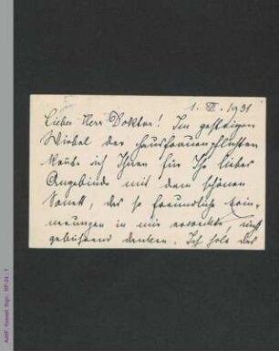 Postkarte von Rosa Mayreder an Franz Oltmann, hs.